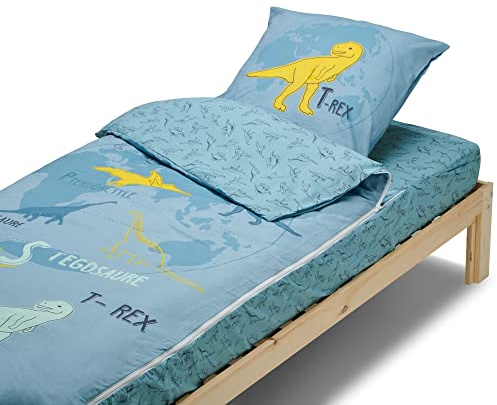 Bleu Câlin Caradou - Juego de Cama Infantil T-Rex, 3 Piezas (sin edredón), 90 x 190 cm, algodón, Azul Verde