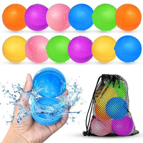 SOPPYCID 12 Stück Wasserbomben Wiederverwendbar,Silikon Wasserbomben Selbstschließend magnetische Spritzbälle,Sommer Wasserspielzeug für Kinder im Alter von 3-12 Jahren für Spaß,Pure Farbe.