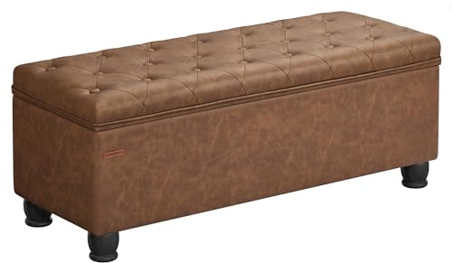 SONGMICS Storage Ottoman, Storage Bench, Tufted Entryway Bedroom Bench, 17.7 x 46.5 x 17.7 Inches, Hinges Easy Lid Operation, Wooden Legs, Synthetic Leather, Loads 330 lb, Coffee Brown ULOM071K01