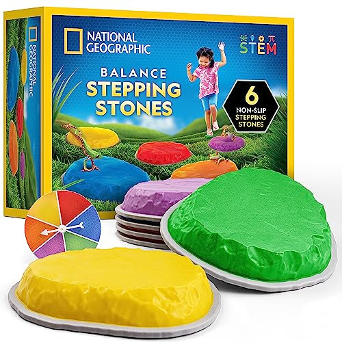 NATIONAL GEOGRAPHIC Stepping Stones for Kids – 6 Durable, Non-Slip Stones Encourage Toddler Balance & Motor Skills, Indoor & Outdoor Toys, Balance Stones, Obstacle Course (Amazon Exclusive)