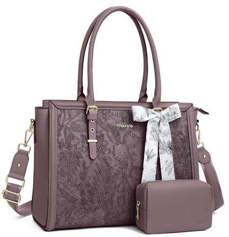 MOSISO Laptoptasche Damen, 15,6-16 Zoll PU Lehrertasche Handtasche Kompatibel mit MacBook HP Dell Asus, Vorderseite Prägung Retro Hibiskus Aktentasche mit Seidenschal&Clutchtasche, Schiefer Lila
