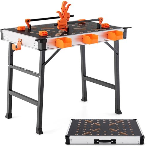 GYMAX 84,5cm Klappbare Werkbank, tragbare Arbeitsbank mit 2 Schnellspannern, 4 Klemmhaken & 3 Werkzeugkästen, Arbeitstisch bis 454 kg belastbar, für Messen & Reparaturen