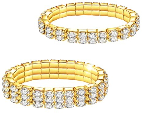 Kucheed 2 Stück Stretch Armbänder mit Strasssteinen, Twinkle Diamant Tennis Armreif, Bling Stapelbares Brautarmband aus Kristall, Glänzendes Hochzeits Party Armband für Frauen
