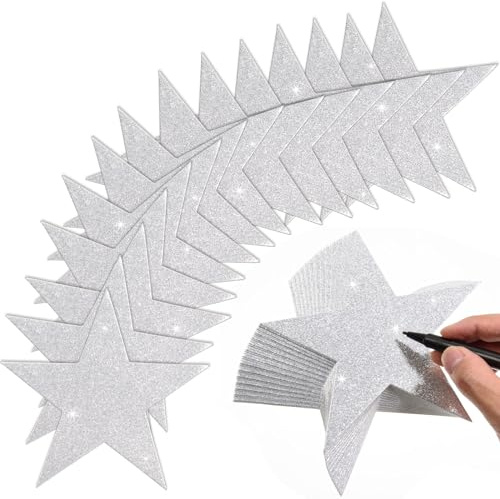 FOBSME 120 Pcs Silver Glitter Star Cutouts Paper Star Cutouts 6 Inch Glitter Star Cut-Outs Silver Large Glitter Star Decoration for Christmas Birthday Classroom Bulletin Board Wall Party Supplies