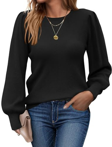 Jersey para mujer, cuello redondo, jersey de punto para invierno, elegante | Jersey de invierno de manga larga jersey de punto casual sudadera con mangas abullonadas suéter de otoño
