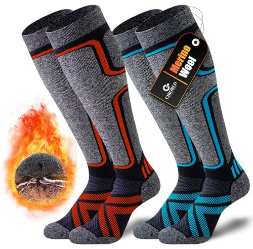 Cirorld 2 Pairs of Merino Wool Ski Socks for Men, Warm Wool Thermal Socks Unisex, Thick Winter Socks for Cold Weather, Snow, Skiing, Snowboarding, Hunting, Hiking, Green&Orange 6-8