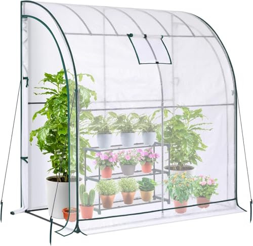 Taylor & Brown Walk-In Lean to Wall Greenhouse, Heavy Duty Garden Plant Grow House with 2 Zippered Roll-Up Doors, Mesh Window and PE Cover, Outdoor Tunnel Growhouse, L200 x W100 x H215cm (White)
