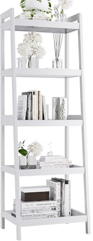 vovala Bücherregal, 5-stöckiges Leiter-Bücherregal mit Bambusrahmen, freistehendes hohes, schmales Display-Pflanzenregal für Wohnzimmer, Küche, Schlafzimmer, Balkon, Weiß
