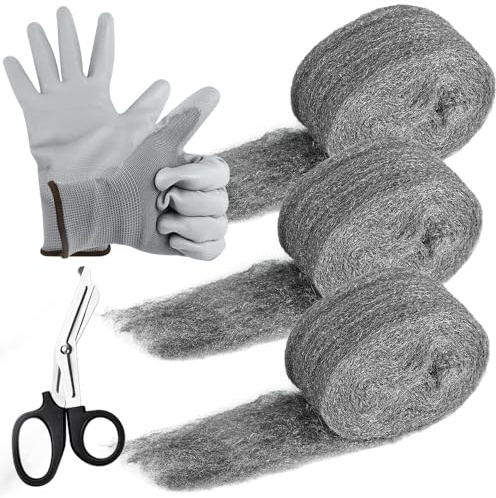 3 Pezzi Lana d'Acciaio 000, 3x5m Lana d'Acciaio Fine Anti-Topo, Steel Wool Lana Acciaio di Pulizia con Guanti da Lavoro e Forbici, Paglietta Acciaio Abrasiva per Casa Giardino Garage