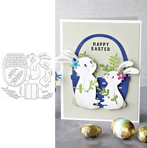 BelleVive Metall-Stanzformen mit Kaninchen-Blumenkorb, Oster-Tierhasen-Rahmen-Schablonen, DIY-Bastelkarten, Stanzformen zum Selbermachen, Prägen, Kartenmachen, Foto-Dekorationspapier