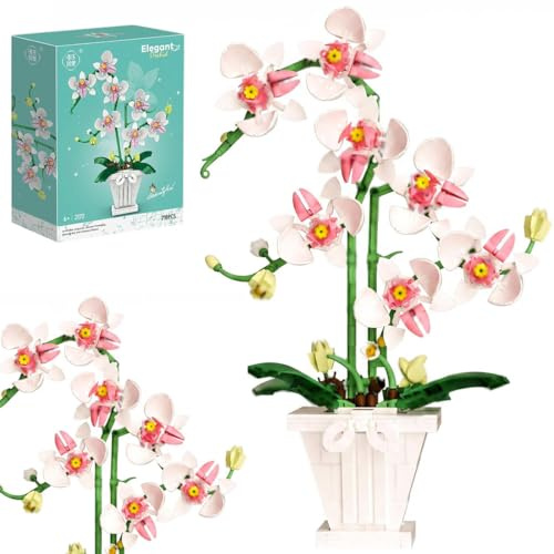 DelightCube Kit de construction de fleurs d'orchidées, kit de bonsaï d'orchidées pour décoration de la maison, collection botanique en orchidée blanche et jaune, pour adultes et enfants