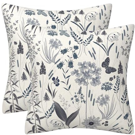 DILOXNSU Set of 2 Cushion Covers 45 x 45 cm Grey Blue Flowers Butterflies Double Sided Pillow Covers 18x18 Inch Decorative Cushions Cases Linen Home Decorations Bedroom Sofa Couch Garden Decor