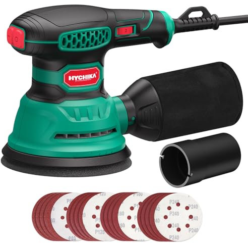 HYCHIKA Lijadora Orbital de Mano, 300W 12000OPM Lijadora Madera, 6 Velocidades, con 16 Piezas de Discos de lija 125mm, Con Recogida de Polvo y Efecto de Frenado Rápido, para Lijar y pulir Madera