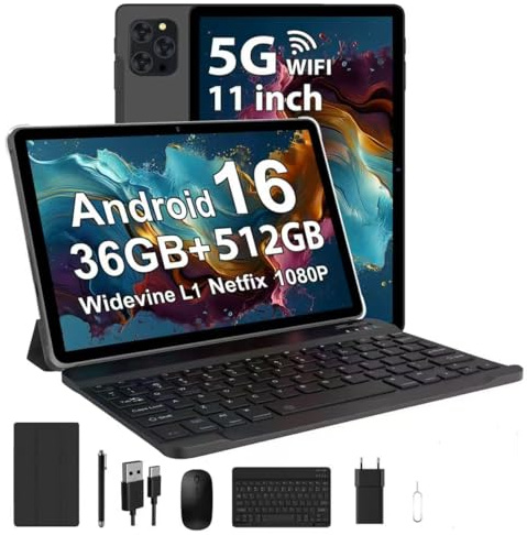 RUSHAR Tablet 11 Pollici Android 16 con 36GB RAM+512GB ROM (2TB TF), 5G/2.4G WiFi, Octa-Core 2.0GHz, 2000 * 1200, Widevine L1, 8000mAh, 13MP+8MP, GPS, Face ID, BT 5.0, Tablet con Tastiera, Nero