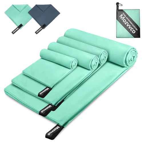 Mozvvco 4 Serviette Microfibre-Séchage Rapide,Absorbante et Légère-Serviette de Sport pour Gym Fitness Randonnée,Serviettes de Plage Serviettes de Piscine-200x100cm+2er 80x40cm+40x30cm-Vert Menthe