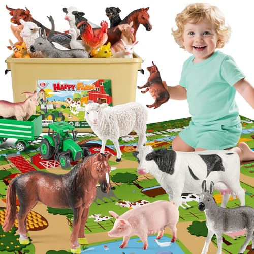 FRUSE Animales de Juguetes con 120 x 80 cm Grande Tapete Juego, 38 Piezas Granja Juguete con Figuras de Animales de Granja Realistas, Tractor Juguete y Valla,Juegos Educativos Niños 3 4 5 6 Años