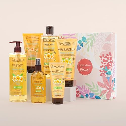 EVOLUDERM - Coffret Cadeau Bain Femme Corps & Cheveux au Monoï de Tahiti – 6 produits – Gant Exfoliant offert - Origine Naturelle - Cadeau de Noël, Anniversaire, Fête des Mères (Harmonie)