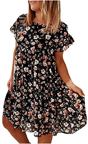 Générique Robe Fleurie Femme Robes Été Femme Coton Lin Manches Courtes Confort Robe De Plage Décontracté Ample Robes A Ligne Rétro Robe Courte Au Genou Bohème Ete Mi-Longue Summer Dress