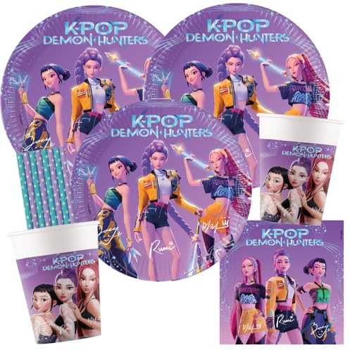 Procos kalaspaket KPop Demon Hunters för 8 barn | Papptallrikar, pappersmuggar, servetter, papperssugrör, barns födelsedag