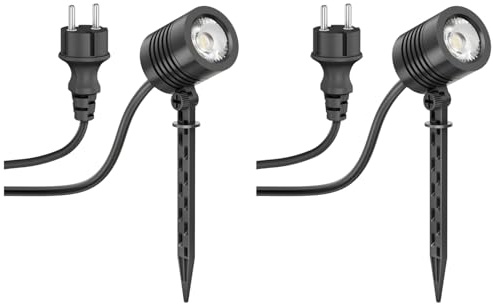 ledscom.de 2x Liten LED trädgårdsstrålkastare med jordspett TARL för utomhusbruk, IP65, stickpropp, svart, 4,1 W, 351lm, kallvit