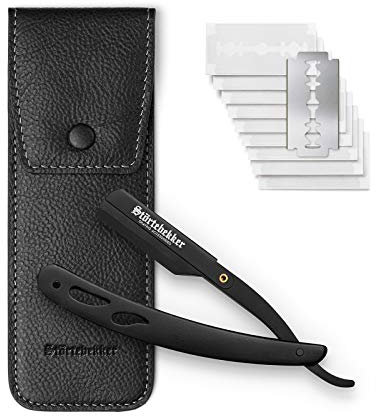Störtebekker® Premium Rasiermesser im handgefertigten Lederetui + Alaunstift - Straight Razor mit Rasurguide [10 Störtebekker Klingen] - Geschenkidee - Rasiermesser Set - Nassrasierer in Top-Qualität