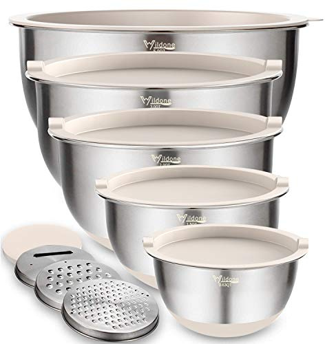 Wildone Mixing Bowls with Airtight Lids Set, 5PCS Stainless Steel Khaki Nesting Bowls for Kitchen, with Grater Attachments & Non-Slip Bottoms, Size 5, 3, 2, 1.5, 0.63 QT, Great for Mixing & Serving