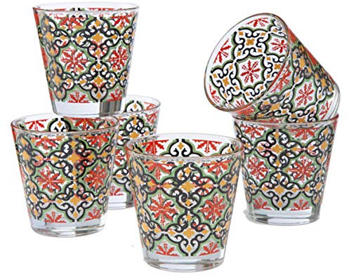 Montemaggi Juego de 6 vasos de agua con decoración colorida estampada de Cefalú, de cristal, fabricados en Italia. Capacidad: 25 cl.