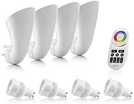 Auraglow Plugin GU10 Spotlight Uplighter Wall Wash Lamp Socket Lamp, Colour Changing LED Smart Bulb and 4-Zone Remote Control - Pack of 4