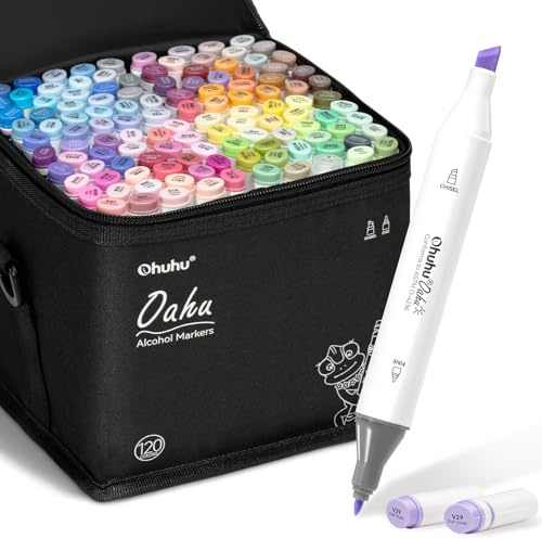 Ohuhu Alcohol Markers, 120-color Marker Set for Artists, Oahu Series, Double Tipped Alcohol Based Art Markers for Adults Coloring Sketching Illustration, Marker Case, Fine & Chisel