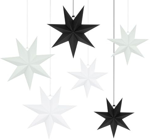 Mocraft Paper Stars Decorations, 6 Pcs Hanging Christmas Decorations, 7-Pointed Stars in Different Sizes, Black and White Christmas Decorations for Wedding Home Party
