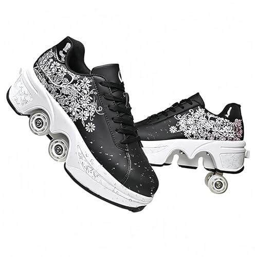 LDRFSE Rullskridskor för flickor, träningsskor, skridskor, sneakers, hjul, sport, gymnastik, mode, mångsidig, sparkrullskor för pojkar och flickor, Svart rosa blomma, 8.5 US