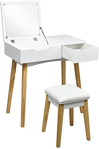 RELAX4LIFE Tavolo da Trucco con Specchio Occultabile e 2 Cassetti Grandi, Tavolino Cosmetici con Sgabello Comò in Stile Moderno, Mobile da Toeletta in Legno, per Camera da Letto, 74x40x115 cm
