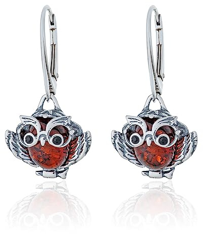 AMBEDORA Orecchini da donna in argento con gufo con ambra, argento sterling ossidato, ambra baltica in colore cognac, Argento sterling, Ambra