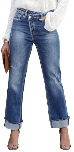 Metietila Jean pour Femme Taille Haute, Coupe croisée, Boyfriend, en Denim Extensible délavé, Bleu Ciel, Taille XL