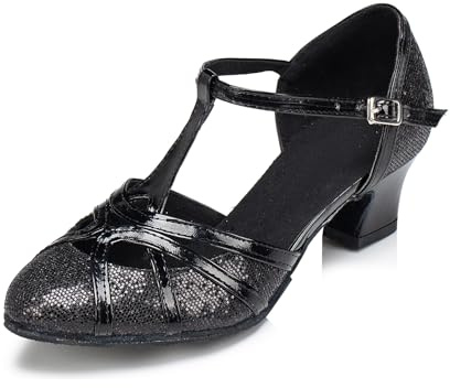 MINITOO Damer glitter salsa tango balsal latindansskor t-rem stängda tår dansskor, Qj6133 svart 5 cm klack, 36 EU