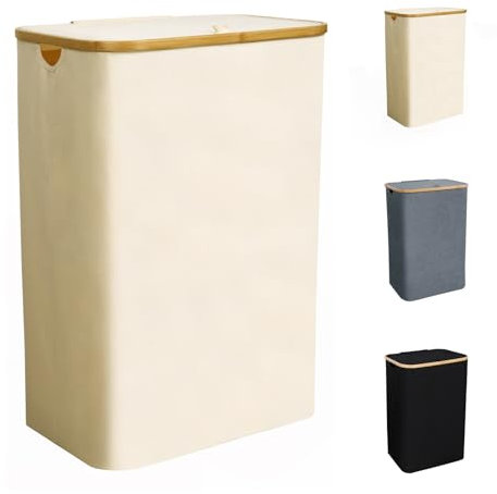 CALIYO WäSchekorb Mit Deckel 100 Liter, Wäschesammler Schmal mit Henkel und Abnehmbarem Beutel, Wäschekorb Faltbarer Groß, Laundry Baskets, Wäschebox für Schlafzimmer und Badezimmer(Beige)