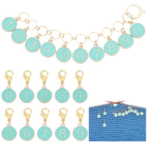 BENECREAT 11Pcs Number Stitch Marker Charms, Alloy Enamel 0~9 Knitting Row Counter Chains Enamel Locking Stitch Charm with Lobster Clasps for Knitting Weaving Sewing, Turquoise