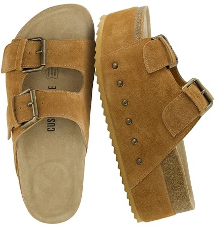 CUSHIONAIRE Guru Platform Sandals Women Footwear – Comfortable Genuine Leather Footbed Studded Chunky Slide Summer Sandals for Women 2026, CHESTNUT 8.5