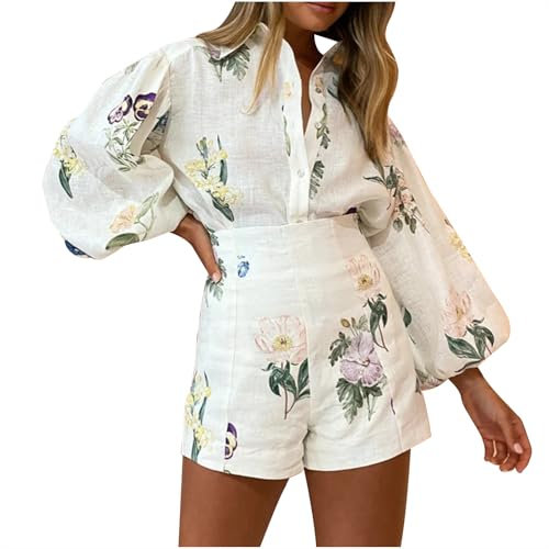Womens Co Ord Sets Womens 2 Piece Clothes For Women Floral Printed Casual Style Shirt Set Sportswear Long Sleeved Tops High Waist Shorts Linen Set Matching Sets Activewear Joggers