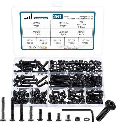 261 Pcs M5 Juego de Tornillos y Tuercas y Arandelas, Tornillos de Cabeza Hueca Hexagonal Cilíndrico, Métricos Tornillería Tornillos Cabeza Hexagonales Redonda para Reparación Máquinas, Negro