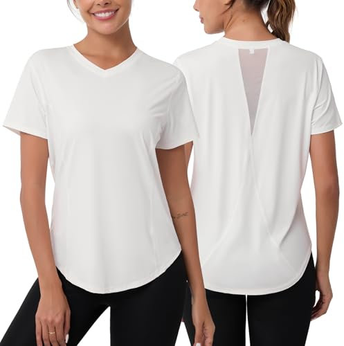 Gyabnw Gym Tops for Women UK Back Mesh V Neck Loose Fit Yoga Running Top Lightweight Moisture Wicking Short Sleeve for Ladies White