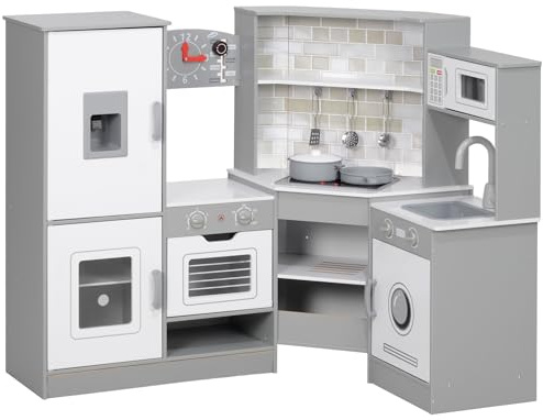 AIYAPLAY Cuisine jouet pour enfants à partir de 3 ans Cuisine en bois d'angle avec son foyer four robinet évier micro-ondes machine à glaçons et accessoires de cuisine Gris