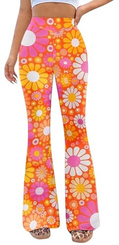 70er Jahre Blumenmuster Schlaghose - Damen Hippie Bunte Hosen Retro Disco Party Leggings Festival Rave Outfit Karneval Abba Kostüm 70s Faschingshose(DaisyOrange,L,10502w)