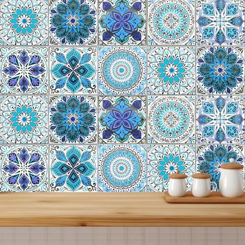 Adesivi per piastrelle, 20 pezzi, per piastrelle, colore blu, per mosaico, in PVC, autoadesivi, impermeabili, per cucina, bagno, scale, 10 x 10 cm