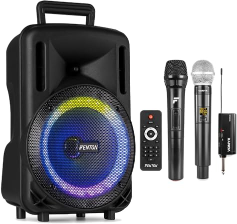 Fenton FT08LED MK2 8-Inch Portable PA Speaker System 300W with 2 Wireless Microphones, Rechargeable Battery, Bluetooth Streaming, USB/SD Inputs & LED Party Lights for Karaoke & Events