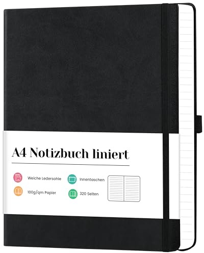 Artfan A4 Notizbuch liniert mit 320 Seiten – Kunstleder Cover, Hartcover in Schwarz, 21,5 × 27,9 cm, Premium Papier für Schule & Büro