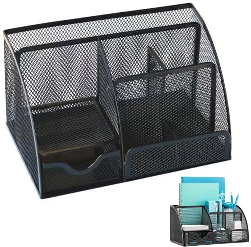 Zykphao Mesh Desk Organiser with Drawer | 6-Compartment Desk Tidy | Pen & Stationery Holder | Office & Home Storage | Black Metal Wire Organizer | H13 x W22 x D14cm