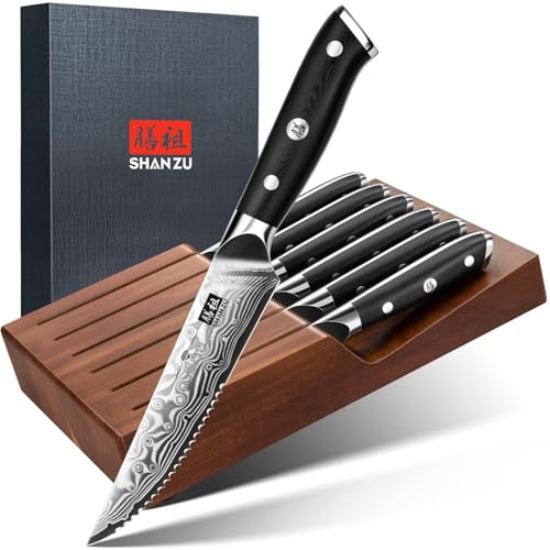 SHAN ZU Juego de 7 cuchillos de Mesa de Damasco de 11 cm con Bloque, Cuchillos de Carne Japoneses Dentados de Acero de Alto Carbono con Mango Ergonómico G10 y Caja de Regalo - PRO Series