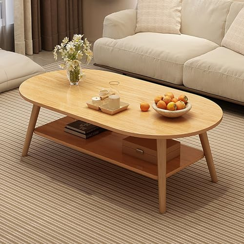 Oak Oval Coffee Table with Storage Minimalist 2 Tier Center Table for Living Room Small Side Table for Bedroom Modern Display Furniture (31.5)