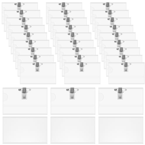 24 placas para nombre para ropa, 9 x 5,7 cm, soporte para tarjetas de identificación de PVC, transparente con clip y pin, para colocar en la escuela, empresas, conferencias, viajes